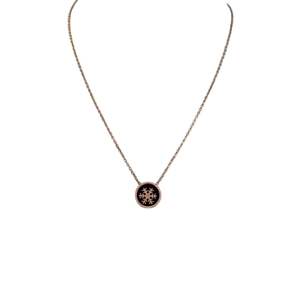 Rose Gold Snowflake Pendant Necklace Black Enamel Minimalist Women Jewelry - Picture 6 of 7